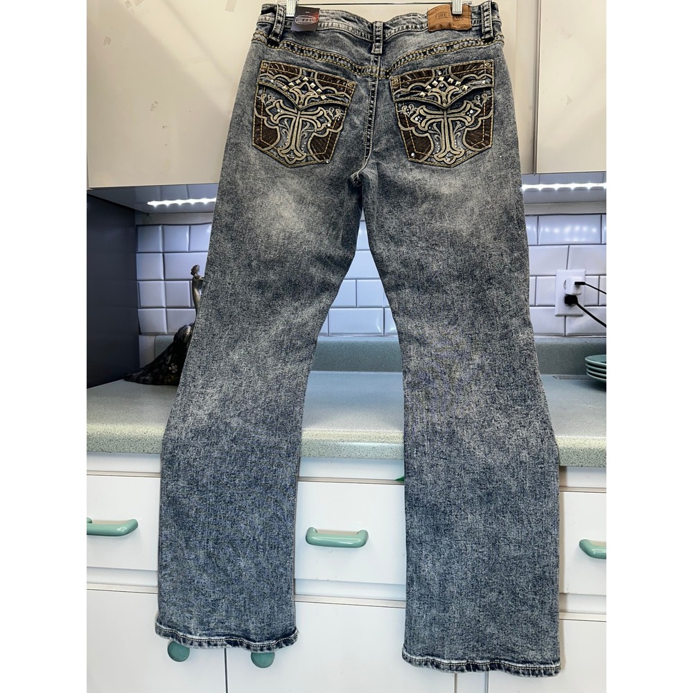 Fire & Rain Mens Acid Wash Cross Embroidered Bootcut Jeans Blue RYM-3433 34x32